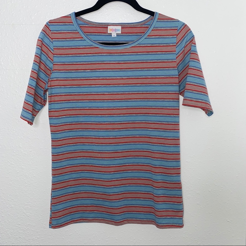red, blue, grey striped shirt